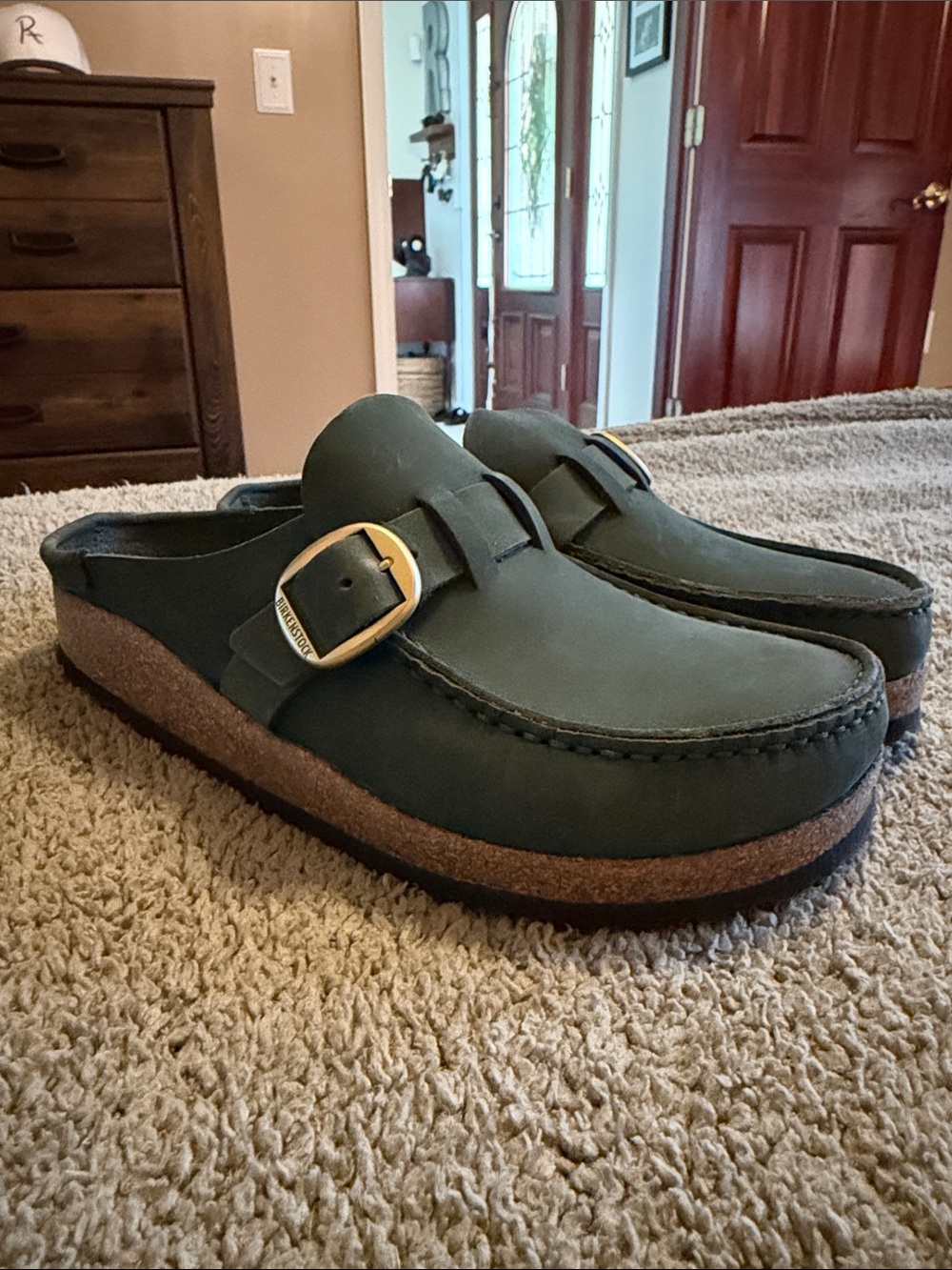 Birkenstock Green Leather Buckle Mule Clog